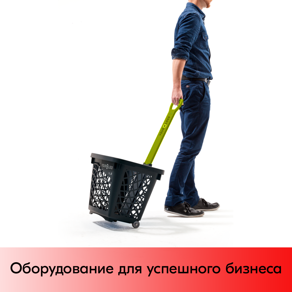 03_Корзина-тележка покупательская Wanzl GT40eco пластиковая чёрная на 2 колёсах с зелёной ручкой