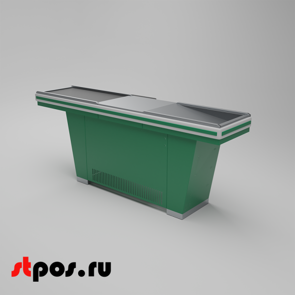 00_Кассовый бокс Stream-L-220-Т90 (тр-р 90см, ш.нерж.,без вырезов,узкий нак.), RAL6029, Зеленый, Правый