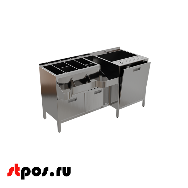 00_Барная станция 1600х500(700)х900 1 рейл, омыватель д.стаканов, 2 ящика, Нержавеющая сталь