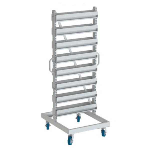 sk_Стеллаж мобильный под навесные лотки 700х850 мм, h 1850 мм, 16 штанг, Тип 3, Глянец, RAL9016 Белый