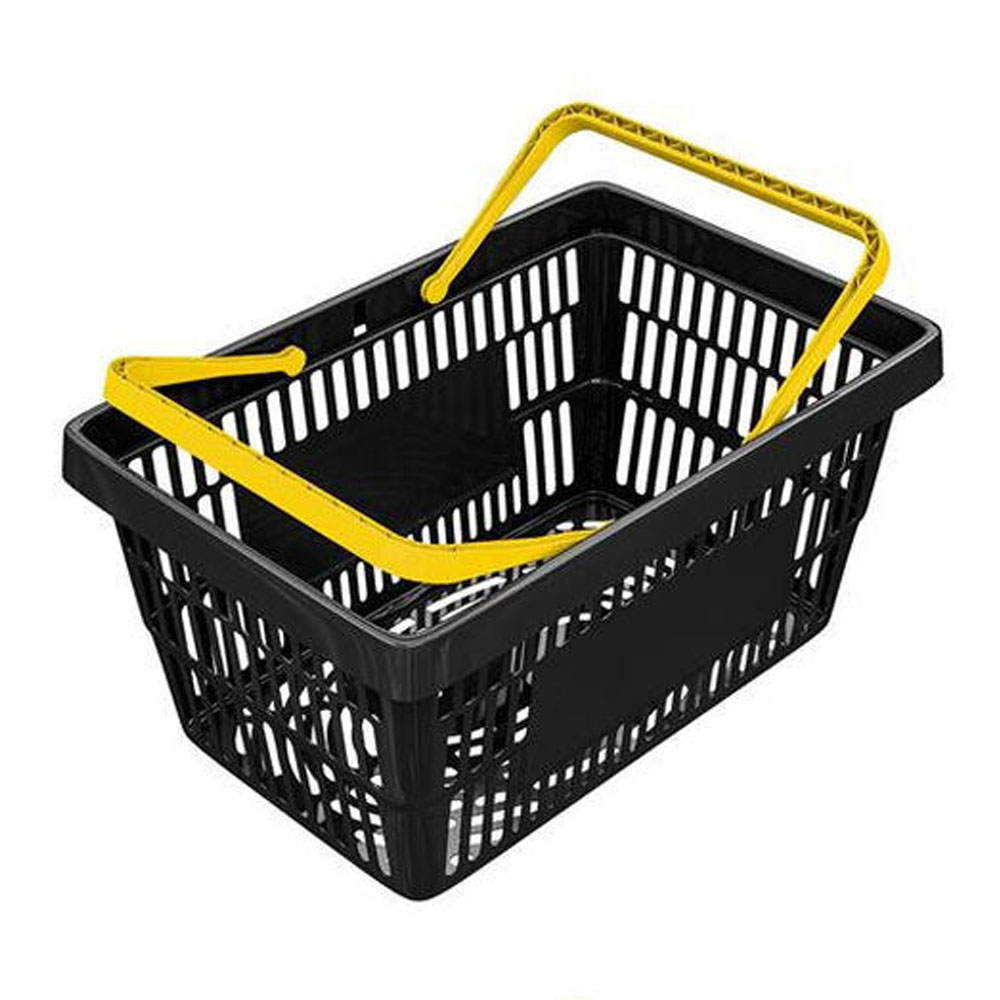 06_Корзина покупательская пластиковая ЧЁРНАЯ с 2 ЖЕЛТЫМИ ручками УСИЛЕННАЯ ROCK 20л