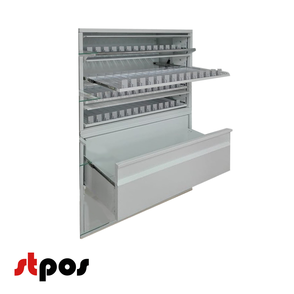 02_Шкаф сигаретный металлический 8 выдвижных полок по 14 толкателей, 1030х(340)х1510