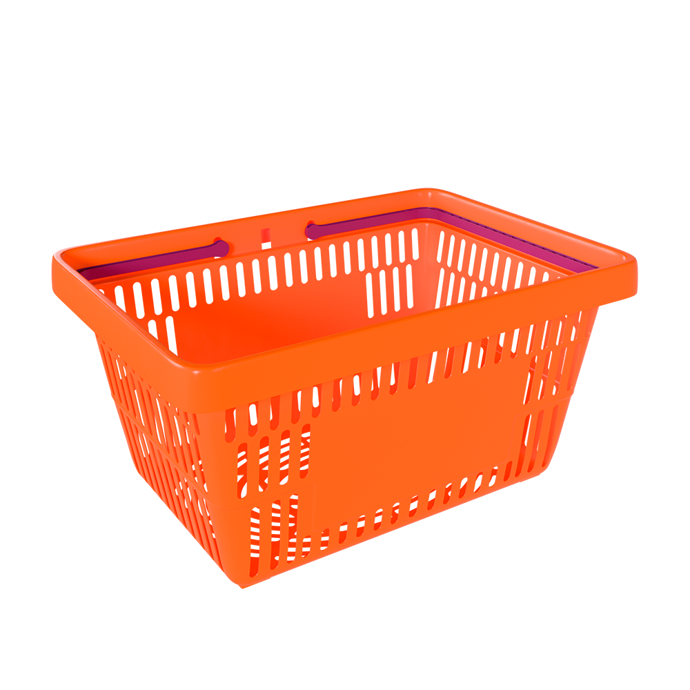 sk_2_Корзина покупательская пластиковая ОРАНЖЕВАЯ (флюр) с 2 ручками цвета фуксия УСИЛЕННАЯ ROCK SE 20 л