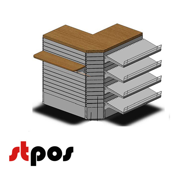 00 Кассовый модуль угловой 830х830х900 мм Нордика RAL 9016, Белый, фронтальные полки 4х300мм + 1х200мм ЛДСП. На фото модуль изображён со стороны покупателя