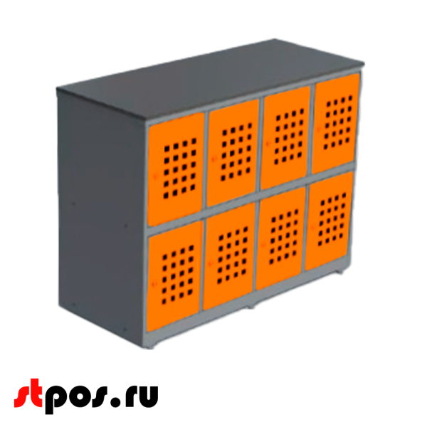 00_Шкаф для сумок 8 ячеек,столешница из нержавейки,900х1200х500мм,RAL7024,Серый,двери оранжевые RAL2011
