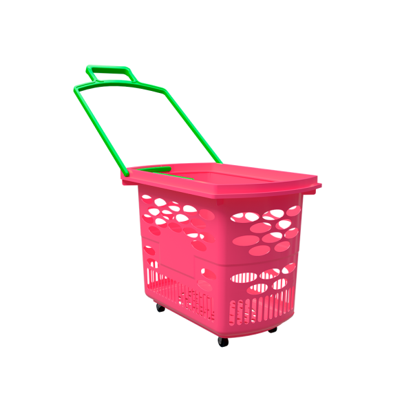 sk_Корзина-тележка пластиковая 4 колеса 38 литров TECHNO SE, розовый (флюр) с 2 салатными ручками