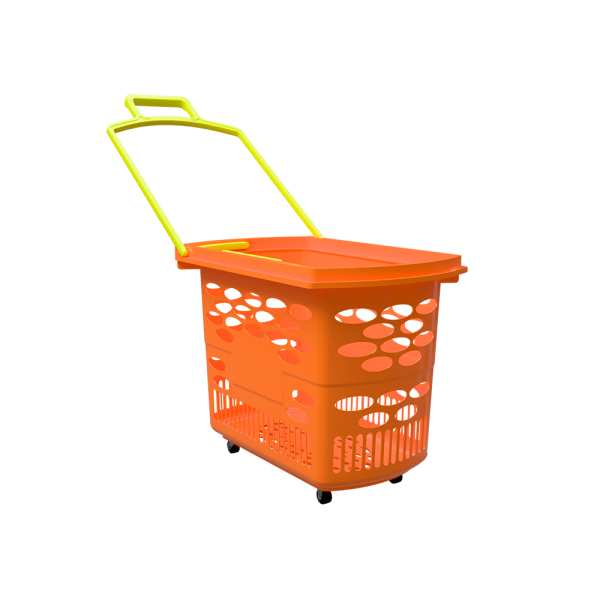 sk_Корзина-тележка пластиковая 4 колеса 38 литров TECHNO SE, оранжевый (флюр) с 2 желтыми ручками