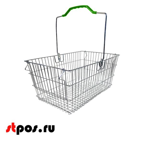 00_Корзина покупательская металлическая с одной ручкой с фиксацией 20 л, Хром, Зелёная