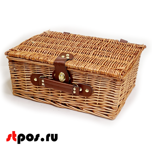 00_Корзинка плетеная прямоугольная из цельного ивового прута, с крышкой на замке, внутри ткань, 350х240 мм, Натуральный цвет