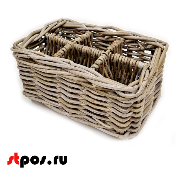00_Корзинка прямоугольная плетеная из натурального ротанга, разделена на 6 сегментов, 390х190х150 мм