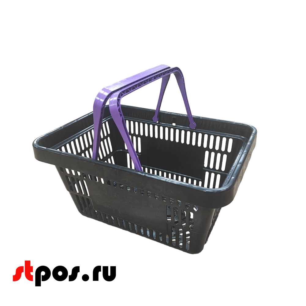 00_Корзина покупательская пластиковая ЧЁРНАЯ с 2 ФУКСИЯ ручками УСИЛЕННАЯ ROCK 20 л