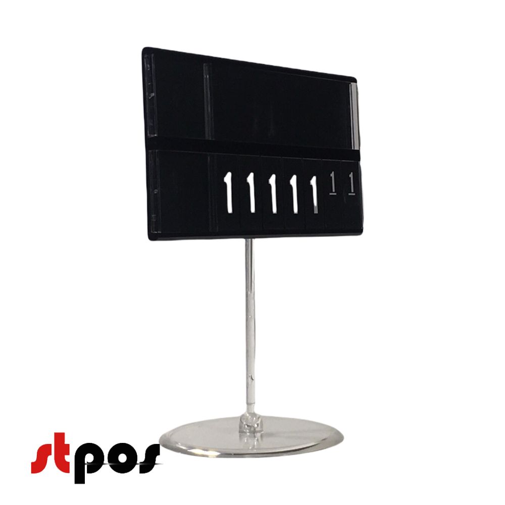 05 Кассета цен формата A7L в прозрачном держателе на прозрачной круглой ножке. Шрифт — берый Regular. Цвет блокнотов и кассеты — чёрный. Количество цифр целой части цены — 5. На фото кассета в держателе, расположенная вертикально. Ракурс съёмки — небольшо