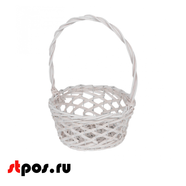 00_Корзина круглая плетеная из натуральной ивовой лозы, полукруглая ручка, внутри пленка, D 200, Белая