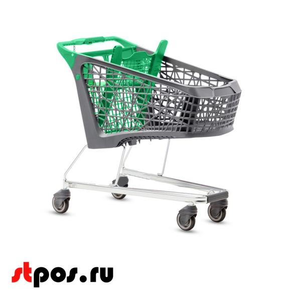 00_Тележка покупательская Salsa 150л, бплатф.Серый,с кол.для травелат.,зад ст,дет.сиден,ручка Зеленый