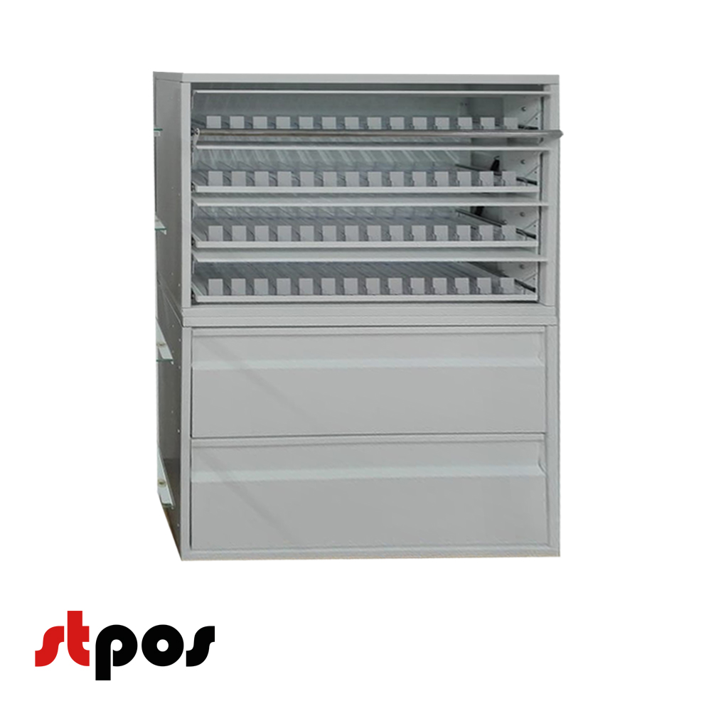 01_Шкаф сигаретный металлический 8 выдвижных полок по 14 толкателей, 1030х(340)х1510