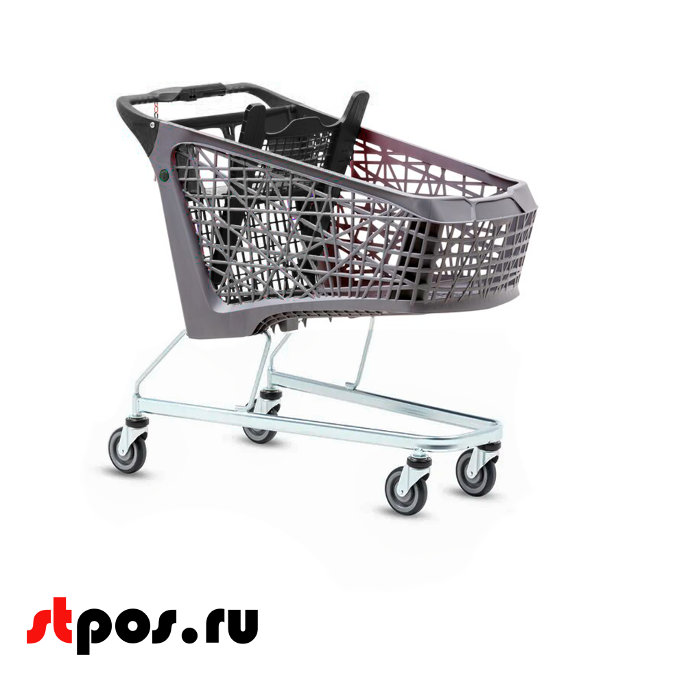 02_Тележка покупательская Salsa 150л, бплатф,корзина, Серый,задняя стенка,дет.сидение,ручка,Черный