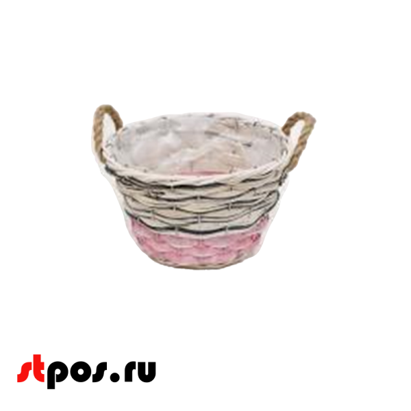 00_Корзинка плетенная круглая, натуральная ивовая лоза, две ручки, внутри пленка, D 290 мм