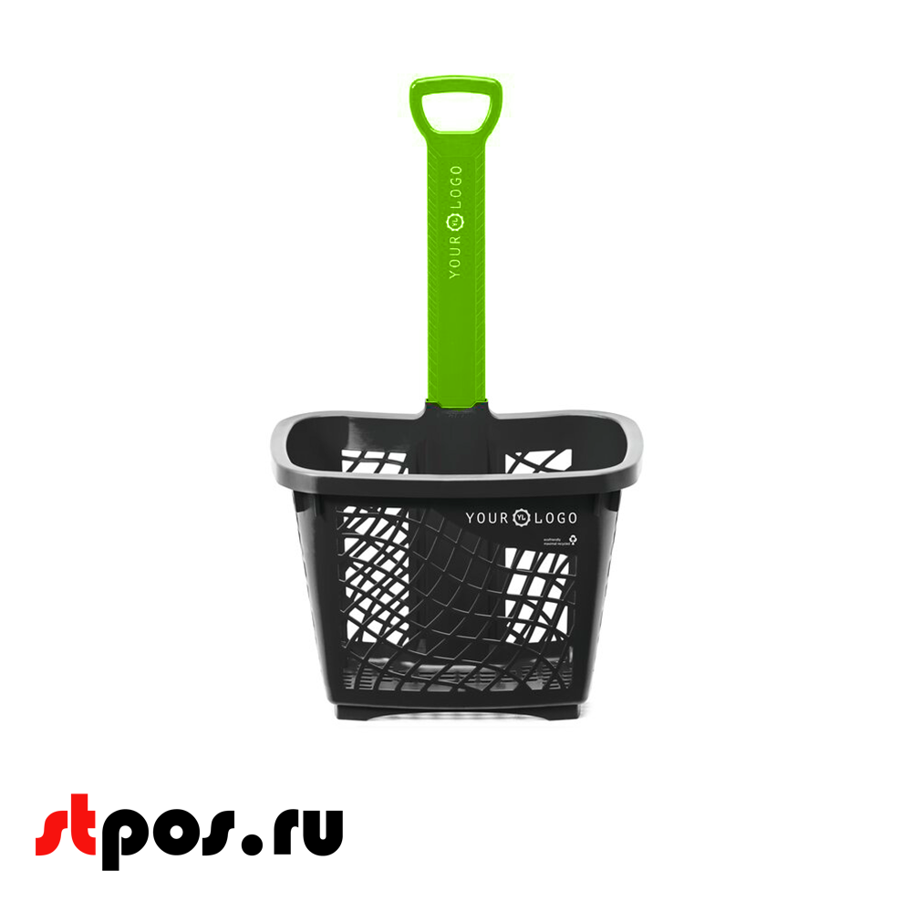 11_Корзина-тележка покупательская Wanzl GT40eco пластиковая чёрная на 2 колёсах с зелёной ручкой