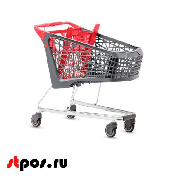 00_Тележка покупательская Salsa 150л, бплатф.Серый,с кол.для травелат.,зад ст,дет.сиден,ручка Красный