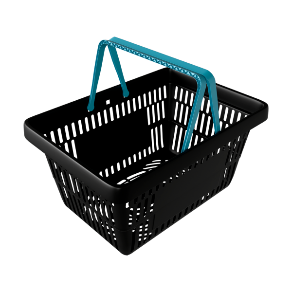 sk_Корзина покупательская пластиковая ЧЁРНАЯ с 2 БИРЮЗОВЫМИ ручками УСИЛЕННАЯ ROCK 20 л