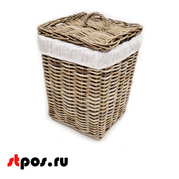 00_Корзинка квадратная плетеная из натурального ротанга+ткань,с крышкой с ручкой, 340х340х420 мм, Серый