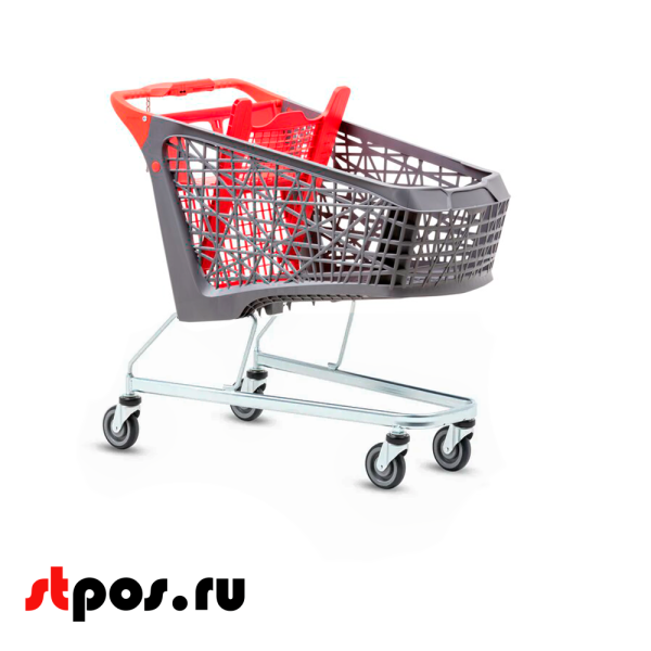 02_Тележка покупательская Salsa 150л, бплатф,корзина, Серый,задняя стенка,дет.сидение,ручка,Красный