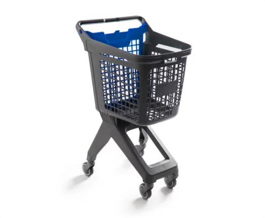 01_Тележка покупательская пластиковая 80л (UP80), 495х630x105мм, серая, задняя стенка корзины синяя