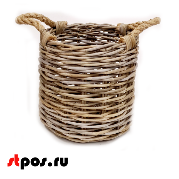 00_Корзинка круглая из натурального ротанга, с двумя ручками, D-300мм высота 300 мм, Серая