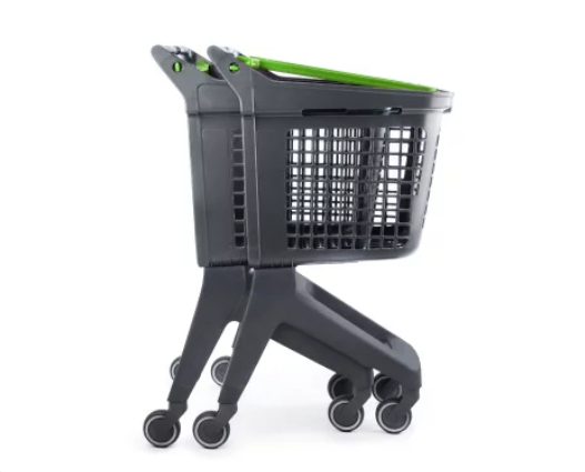 03_Тележка покупательская пластиковая 80л (UP80), 495х630x105мм, серая, задняя стенка корзины зеленая