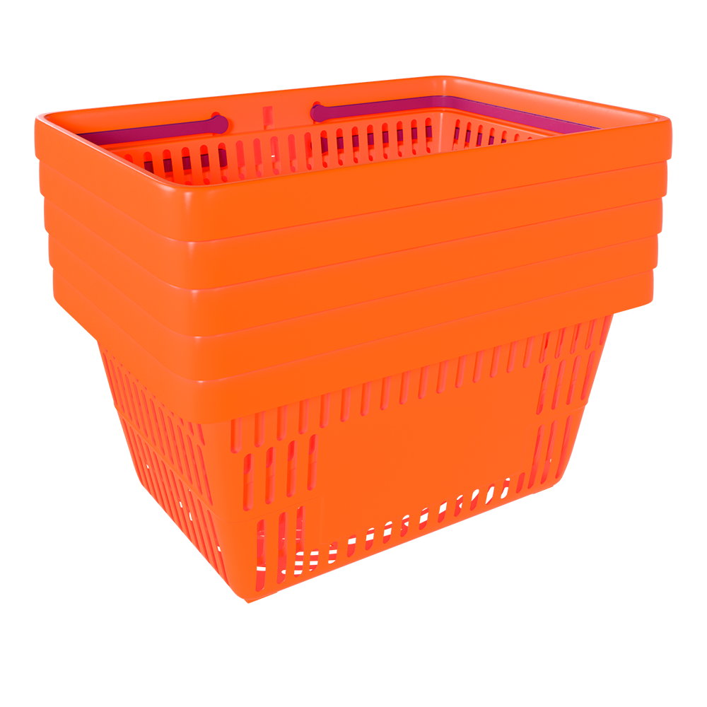 sk_3_Корзина покупательская пластиковая ОРАНЖЕВАЯ (флюр) с 2 ручками цвета фуксия УСИЛЕННАЯ ROCK SE 20 л