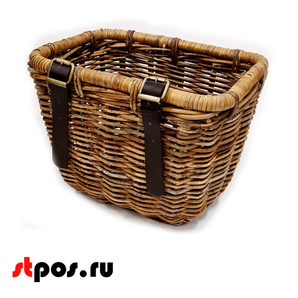 00_Корзинка подвесная плетеная из натурального ротанга, с кожанными ремнями, 350х260х240 мм, Коричневый