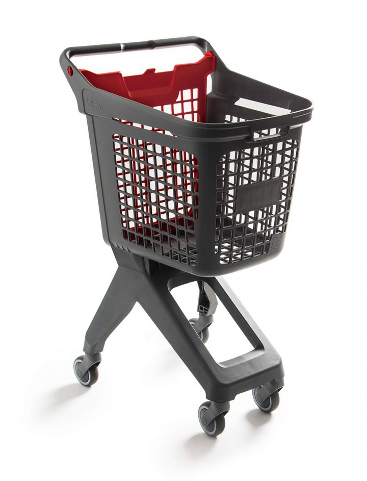 01_Тележка покупательская пластиковая 80л (UP80), 495х630x105мм, серая, задняя стенка корзины красная