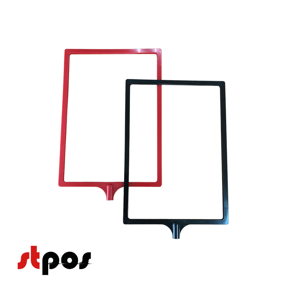 10 Пластиковая рамка А4 с интегрированным Т-держателем PFT-A4, под крепление диаметром 9мм. На фото — чёрная и красная рамки