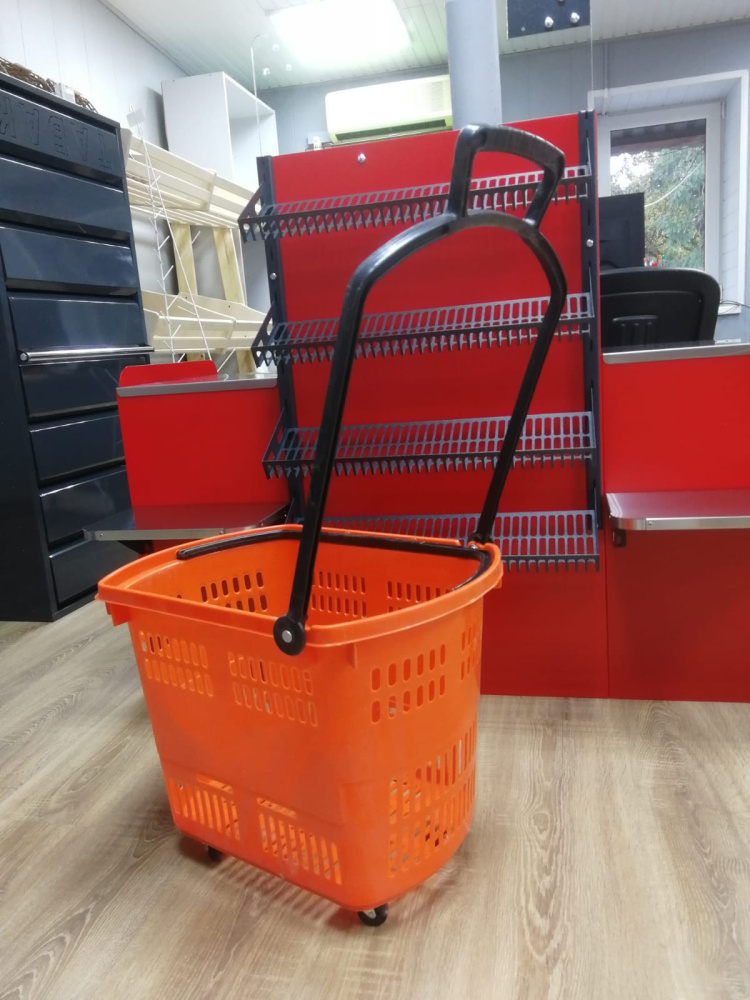 1_Корзина тележка пластиковая 4 колеса 45л, 2 ручки, Оранжевый, OR