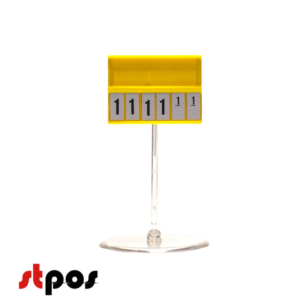 00 Кассета цен формата А8. Шрифт — Regular чёрный. Цвет блокнотов — белый, Цвет кассеты — жёлтый. Количество блокнотов для набора цены — 4 для целой чясти + 2 — для дробной части цены.
На фото держатель и кассета цен расположены вертикально. Ракурс съёмки