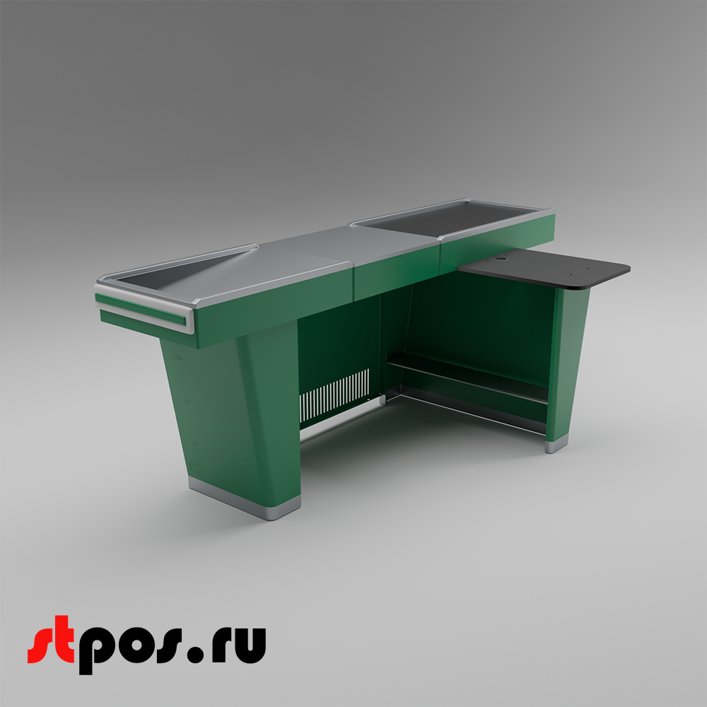 02_Кассовый бокс Stream-L-220-Т90 (тр-р 90см, ш.нерж.,без вырезов,узкий нак.), RAL6029, Зеленый, Правый