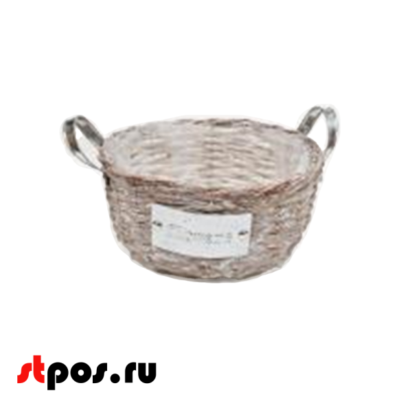 00_Корзина круглая плетенная из натуральной ивовой лозы, внутри пленка, две ручки, D 240 мм, Светлая