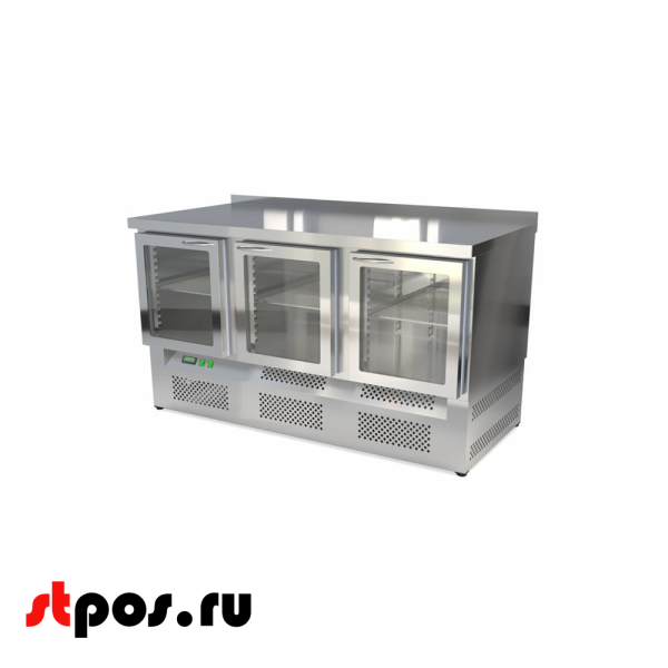 00_Стол охлаждаемый (ниж. агр., с бортом), 1500х700х850 3 стеклянные двери, подсветка, +2 +5 °С, Нерж