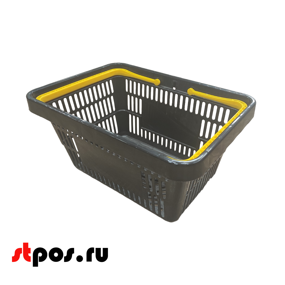 01_Корзина покупательская пластиковая ЧЁРНАЯ с 2 ЖЕЛТЫМИ ручками УСИЛЕННАЯ ROCK 20л
