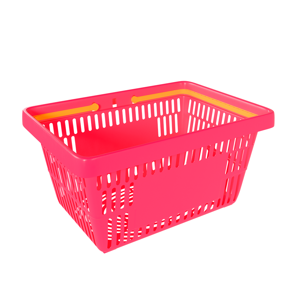 sk_2_Корзина покупательская пластиковая РОЗОВАЯ (флюр) с 2 желтыми ручками УСИЛЕННАЯ ROCK SE 20 л