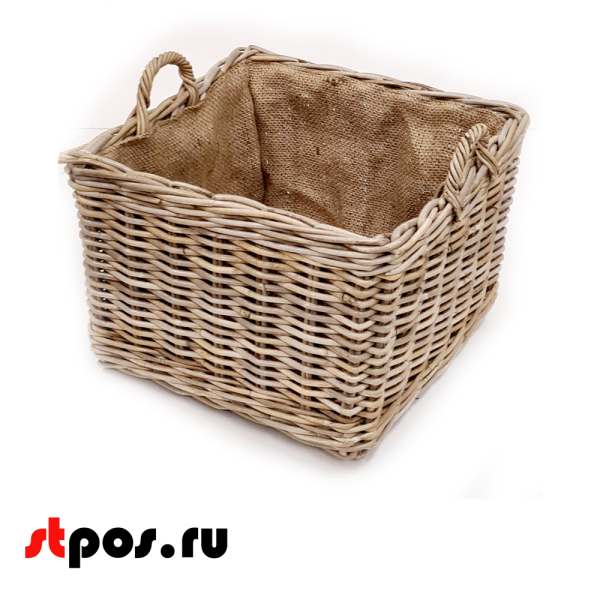 00_Корзинка квадратная плетеная из натурального ротанга с двумя ручками, 300х300х210 мм, Серый