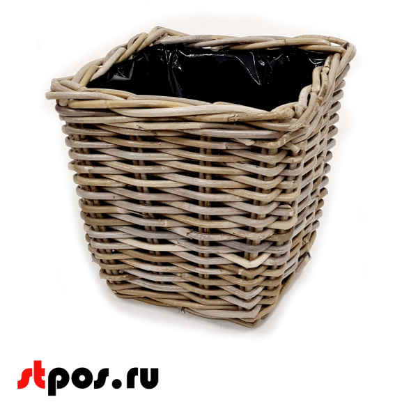 00_Корзинка квадратная плетеная из натурального ротанга, внутри полиэтилен,270х270х260 мм, Серый