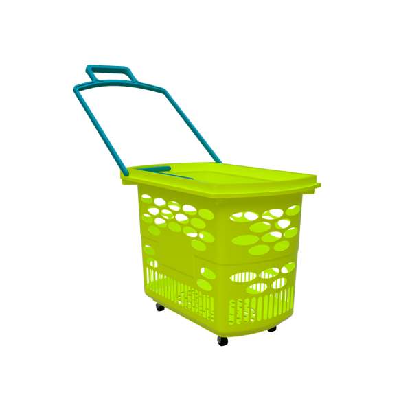 sk_Корзина-тележка пластиковая 4 колеса 38 литров TECHNO SE, лимонный (флюр) с 2 бирюзовыми ручками