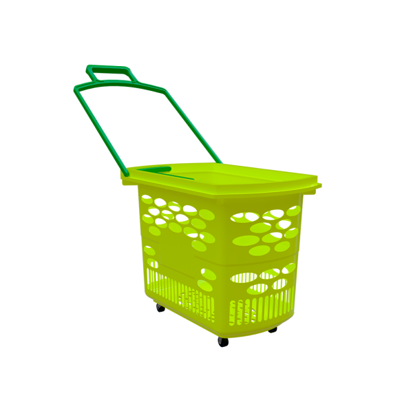 sk_Корзина-тележка пластиковая 4 колеса 38 литров TECHNO SE, лимонный (флюр) с 2 салатными ручками