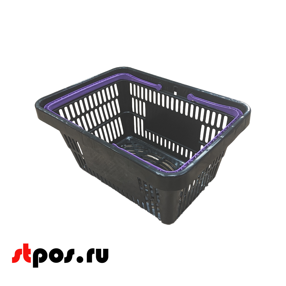 01_Корзина покупательская пластиковая ЧЁРНАЯ с 2 ФУКСИЯ ручками УСИЛЕННАЯ ROCK 20 л