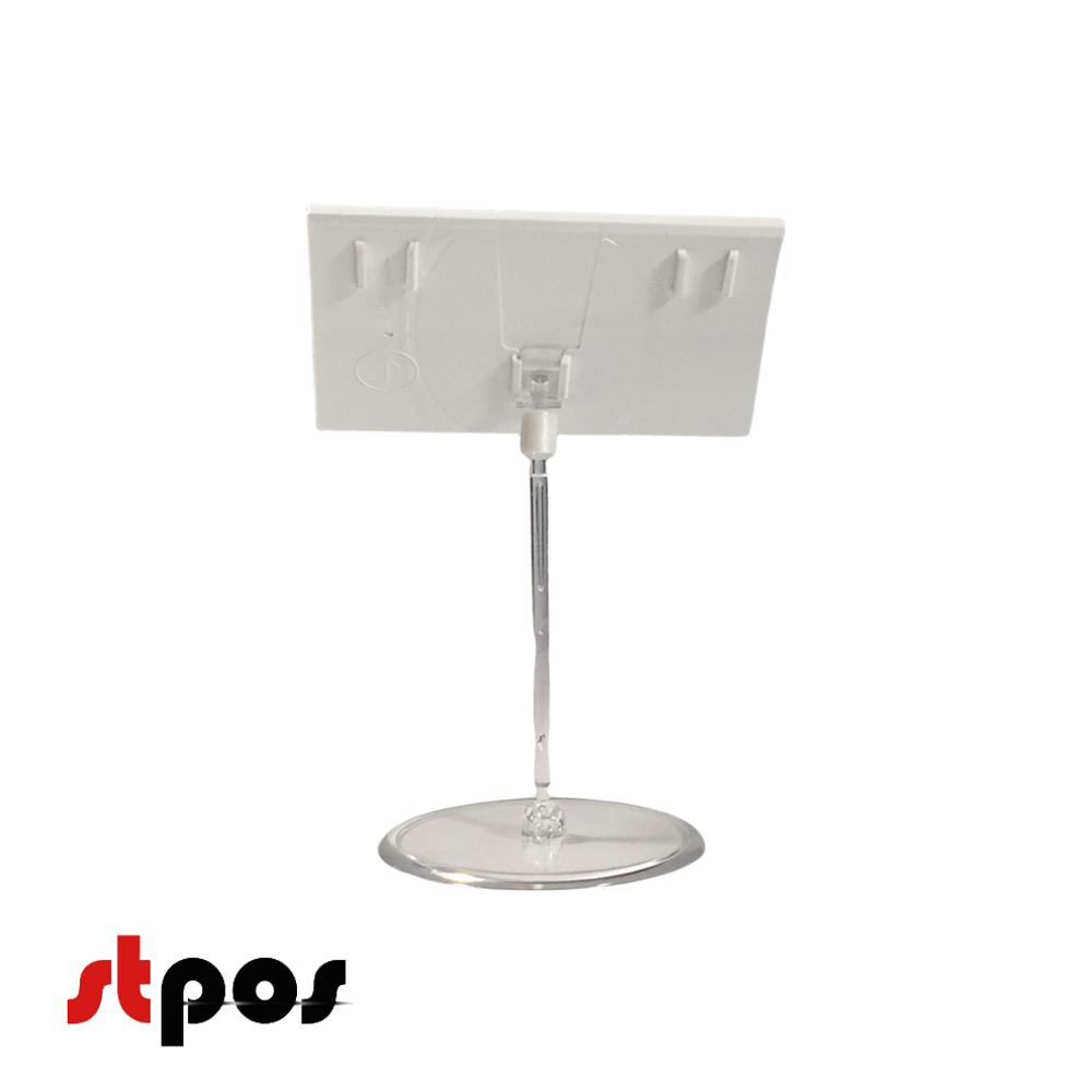 02 Кассета цен формата А7 на прозрачном держателе и прозрачной круглой ножке. На фото кассета цен размещена на держателе под наклоном. Ракурс съёмки — вид сзади