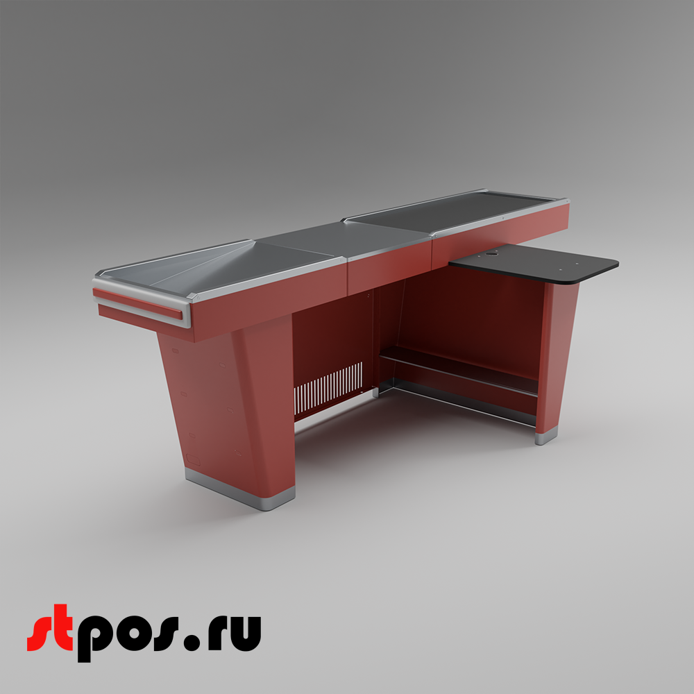 02_Кассовый бокс Stream-L-290-Т120 (тр-р120 см, шлиф. нерж., б_выр_, уз_нак.), RAL3000, Красный, Правый