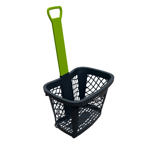 sk_Корзина-тележка покупательская GT40eco пластиковая чёрная на 2 колёсах с зелёной ручкой