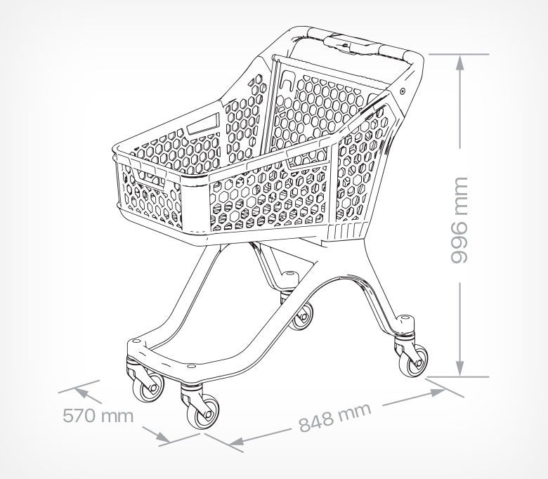 stpos2_Тележка покупательская пластиковая без д/с SURF S100, 848х570х996мм, Серая, с красной задней стенкой