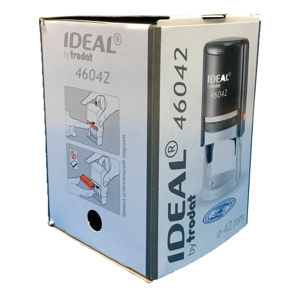 03_Оснастка для печатей TRODAT IDEAL 46042, оттиск D42мм, синий, корпус черный, крышка, подушка